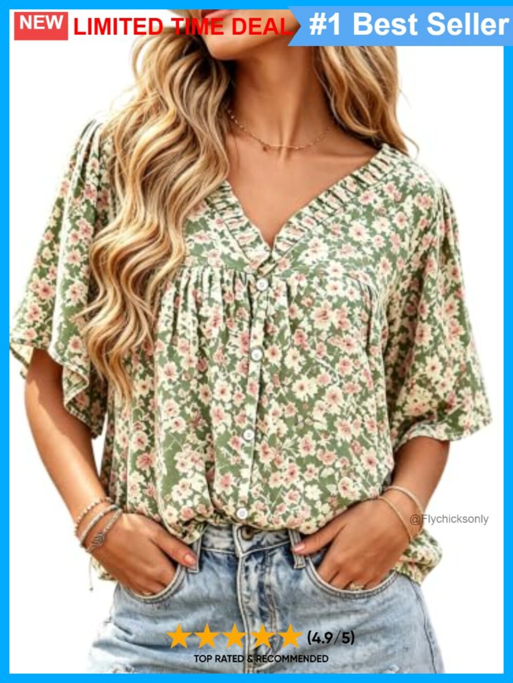 Boho V-Neck Ruffle Half Sleeve Floral Blouse Button Front Casual Top